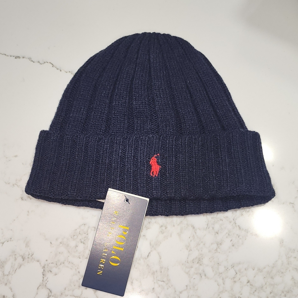 Polo Ralph Lauren beanie hat. Size O/S, navy blue with red Emblem